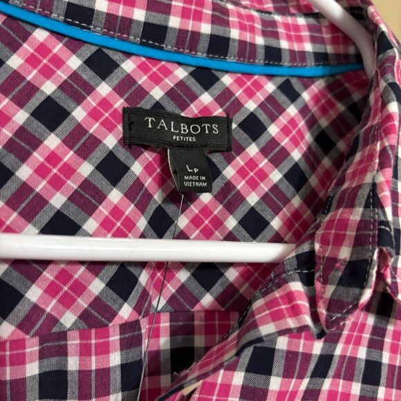 Talbots Pink Black White Plaid Button Down Cotton Blouse Petite Large NWT - Picture 2 of 9